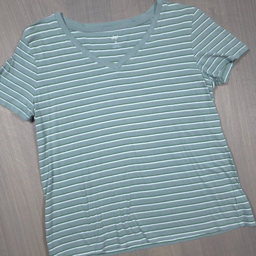 Dip Green White Striped V-Neck T-Shirt Medium